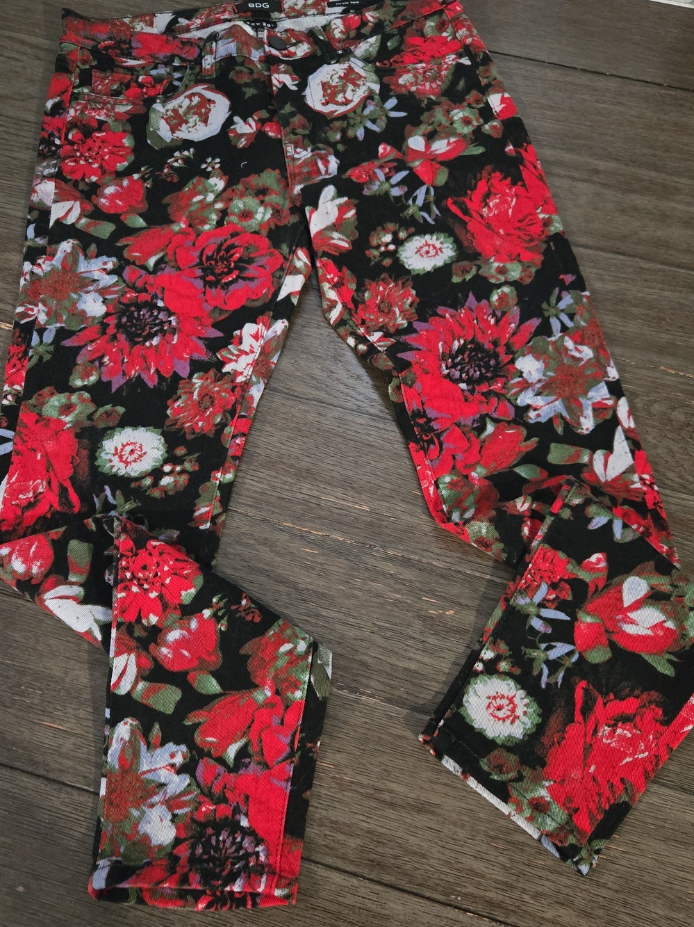 BDG Urban Outfitters Mid Rise Twig Floral Skinny Jeans Black Red Pattern 30x29